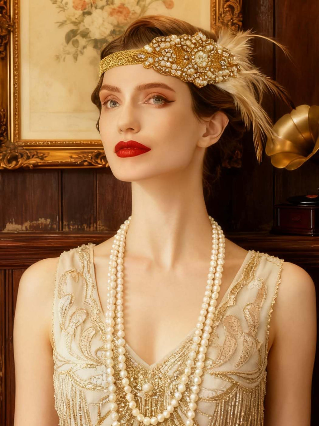 Asooll 1920s Feather Headband – Gold Crystal Flapper Headpiece for Women | Vintage Prom Accessory
