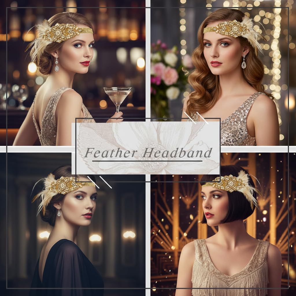 Asooll 1920s Feather Headband – Gold Crystal Flapper Headpiece for Women | Vintage Prom Accessory