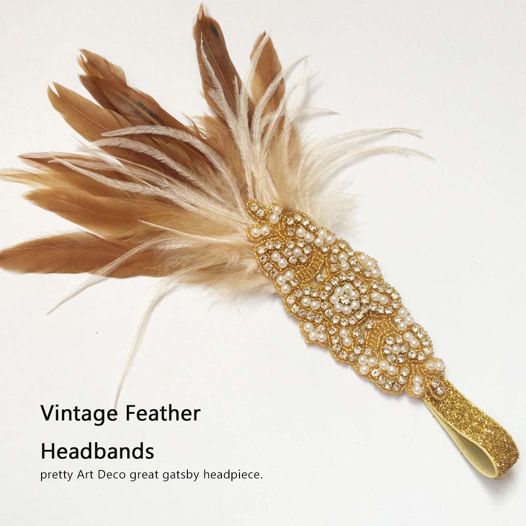 Asooll 1920s Feather Headband – Gold Crystal Flapper Headpiece for Women | Vintage Prom Accessory