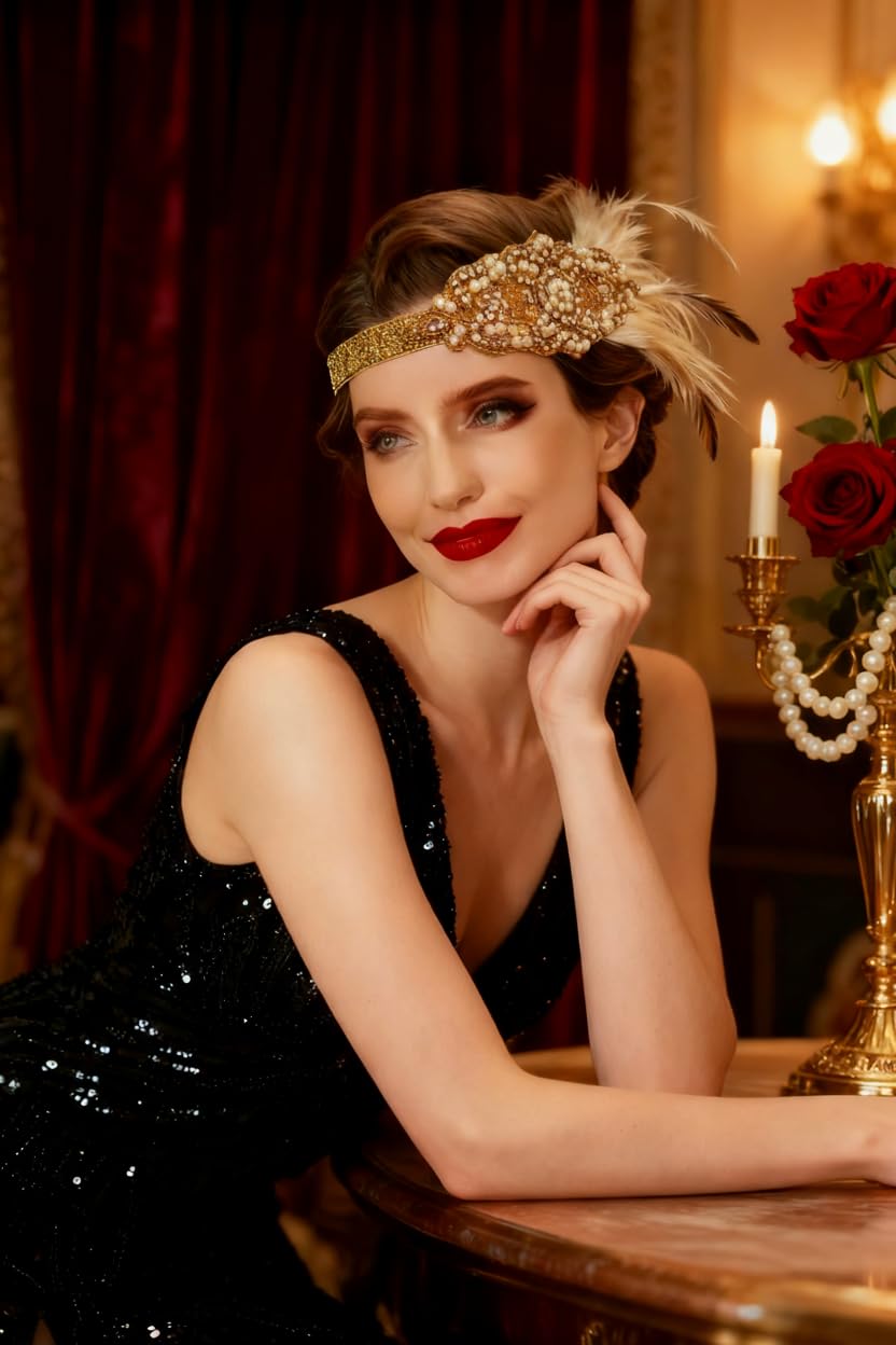 Asooll 1920s Feather Headband – Gold Crystal Flapper Headpiece for Women | Vintage Prom Accessory