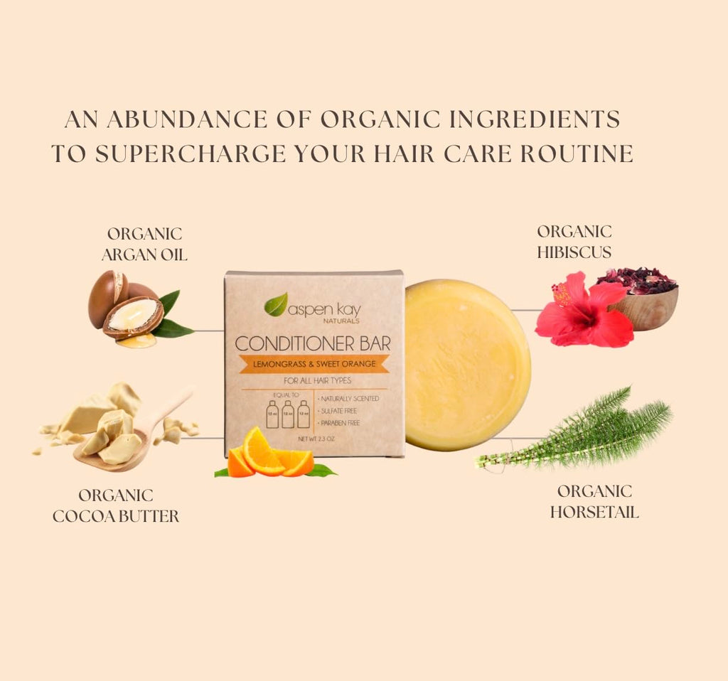 Aspen Kay Naturals Lemongrass Conditioner Bar, 2.3 oz – Organic, Sulfate-Free, Vegan