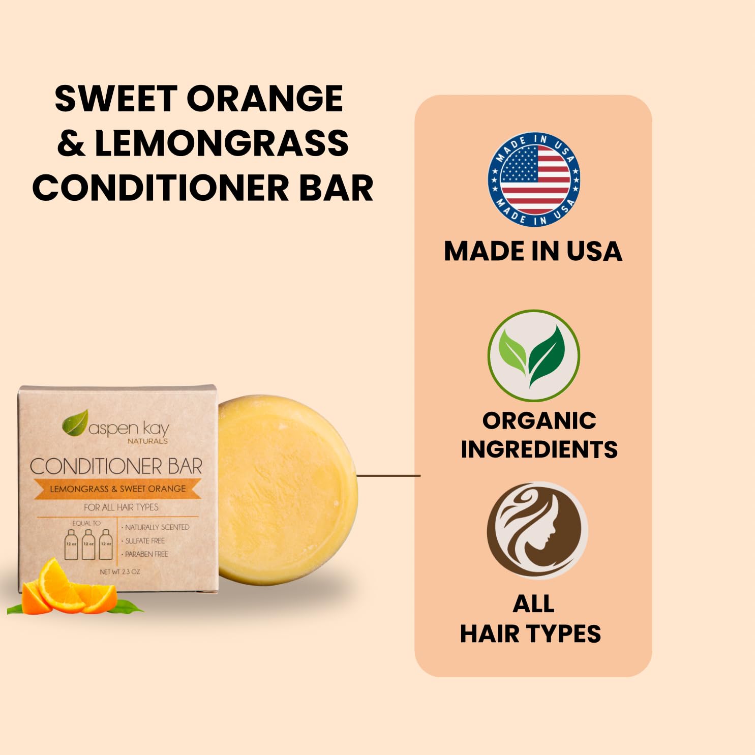 Aspen Kay Naturals Solid Lemongrass & Sweet Orange Conditioner Bar - 2.3 oz (2-Pack), Organic, Sulfate-Free, Cruelty-Free