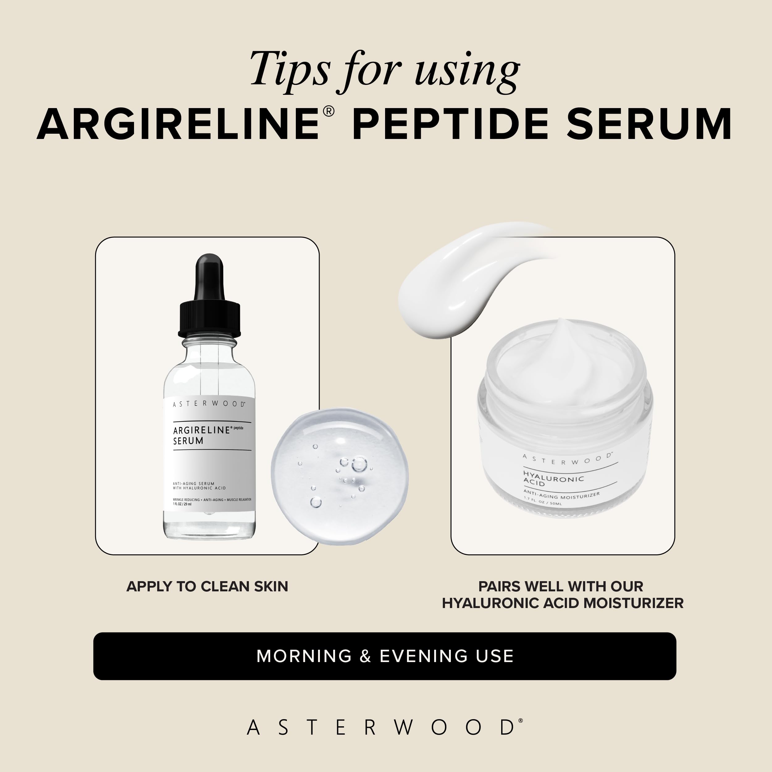 Asterwood Argireline Serum with Hyaluronic Acid – Peptide Serum for Face, Fragrance-Free, 2 oz