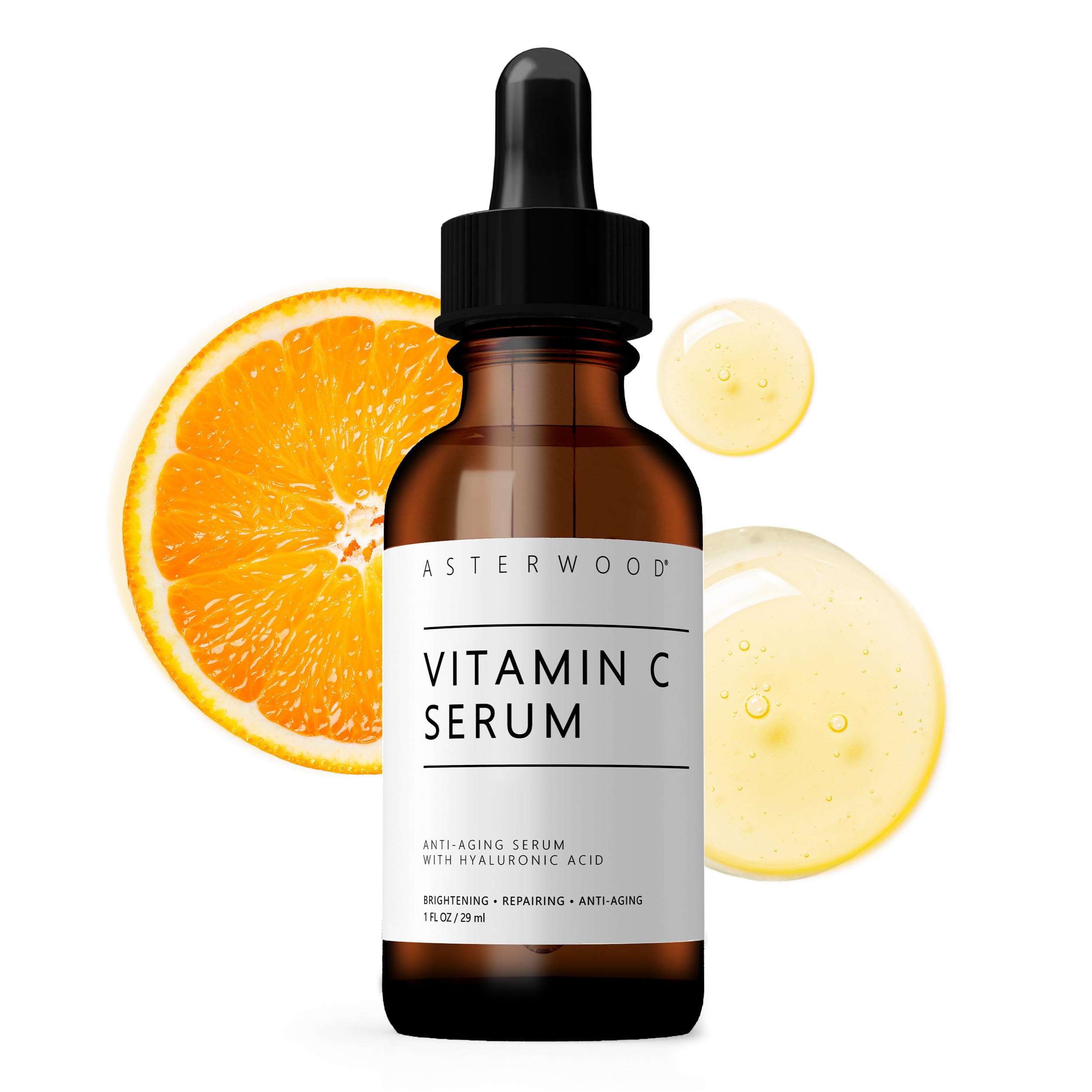 Asterwood Vitamin C Serum with Hyaluronic Acid – Fragrance-Free, Hydrating & Smoothing | 1 Fl Oz