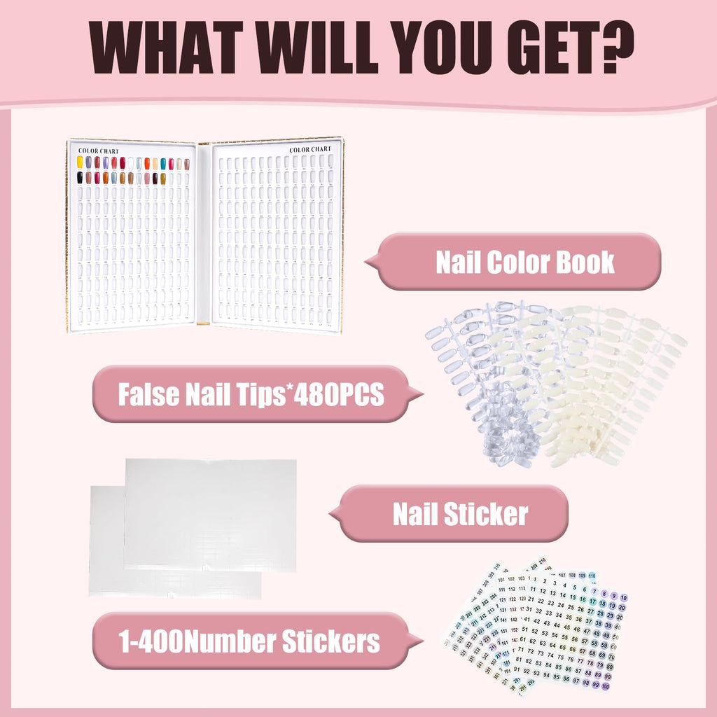 ASTONFOG 308 Colors Nail Swatches Book with 480 Nail Tips – Professional Display & Practice Card