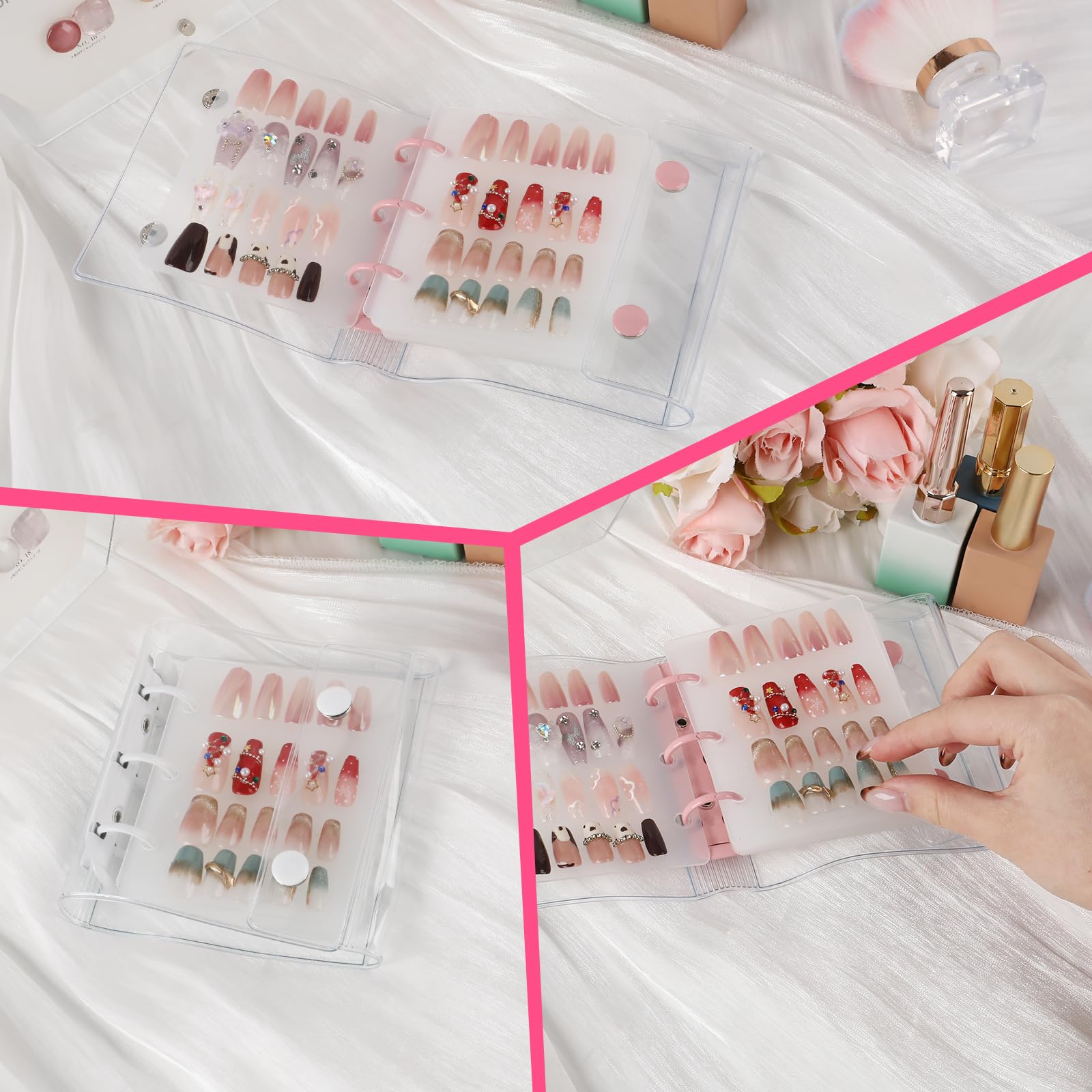 ASTONFOG Press On Nail Organizer – 2-Piece Nail Binder Book with 12 Inserts (A8), Pink & White