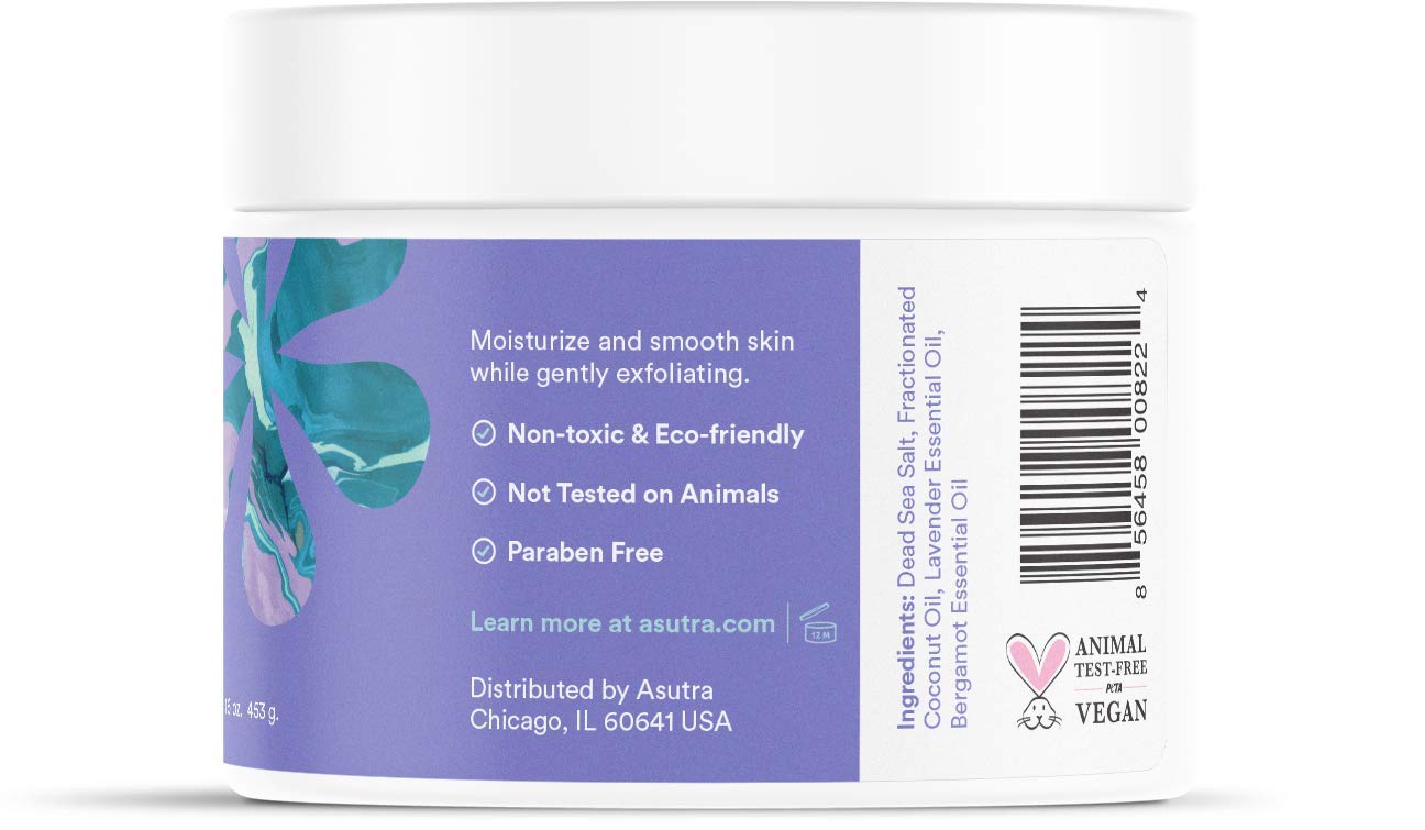 ASUTRA Dead Sea Salt Essential Oil Body Scrub Exfoliator (Soothing Lavender), 16 oz – Ultra Hydrating, Gentle & Moisturizing with Coconut, Lavender & Bergamot Oils