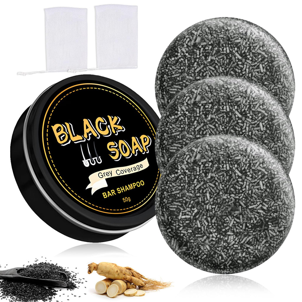 Atsy Gray Hair Bar Soap – Natural Black Soap for Gray Hair Coverage, Ginseng & Black Sesame (3PCS)
