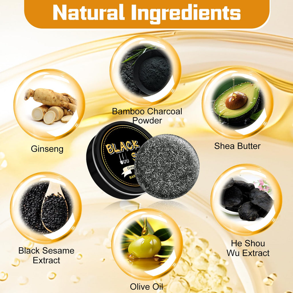 Atsy Gray Hair Bar Soap – Natural Black Soap for Gray Hair Coverage, Ginseng & Black Sesame (3PCS)