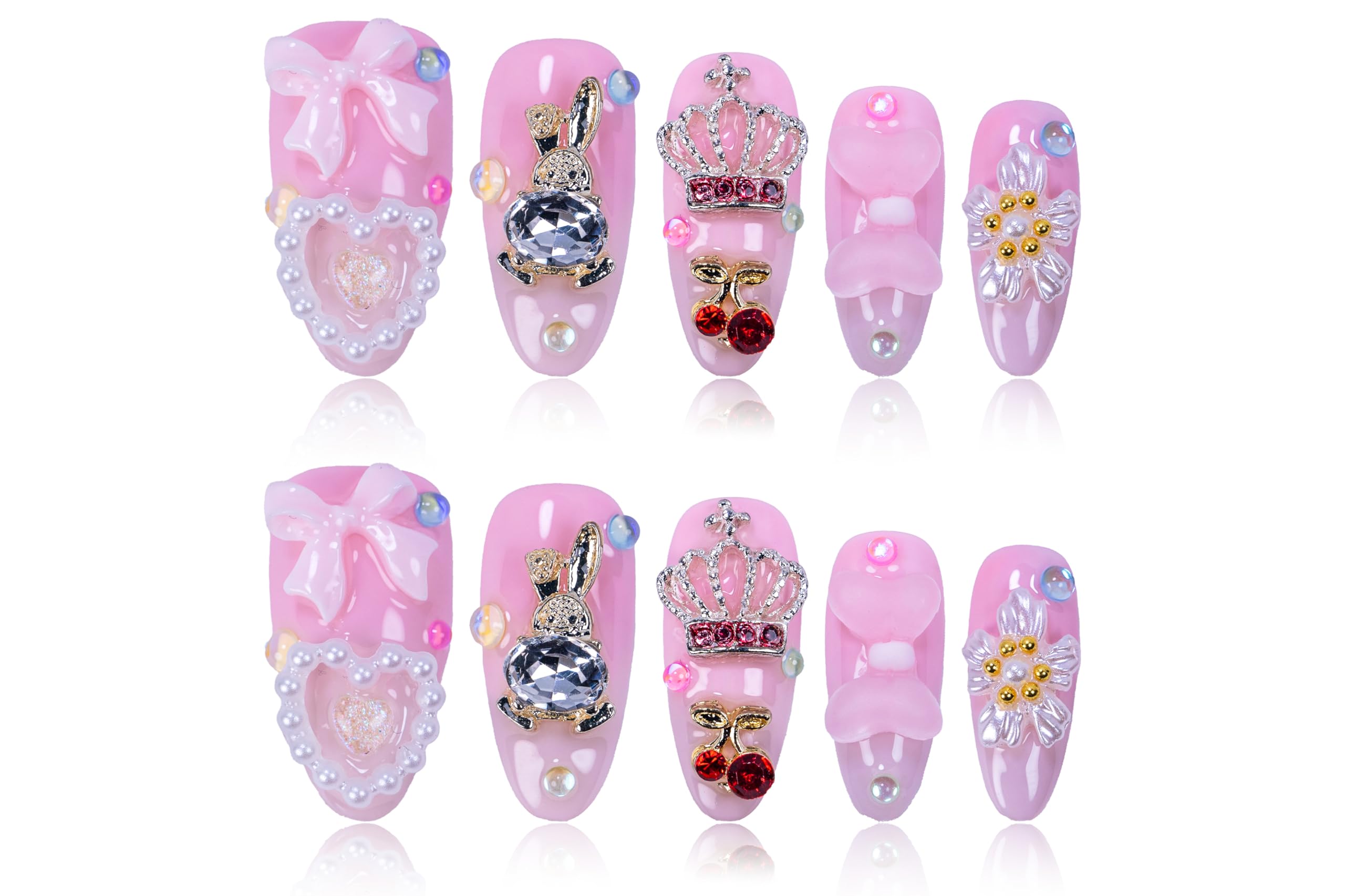Atuhua 24Pcs Handmade Press On Nails – 3D Pink Bow, Almond Length