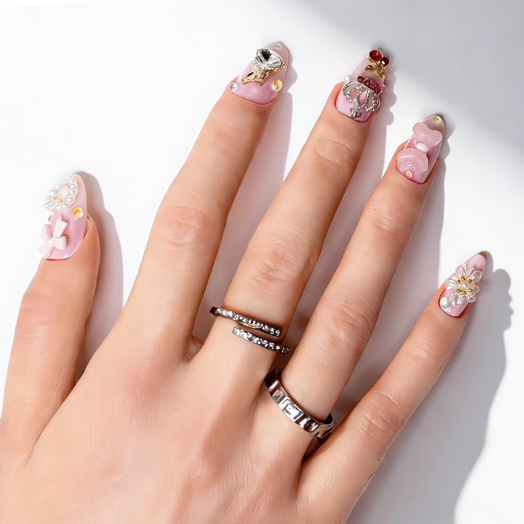 Atuhua 24Pcs Handmade Press On Nails – 3D Pink Bow, Almond Length