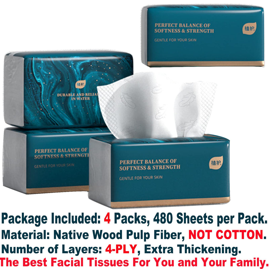 Aturmon Small Soft Facial Tissue — 4-Ply, 4 Packs, 1,920 Sheets, Bag Cover