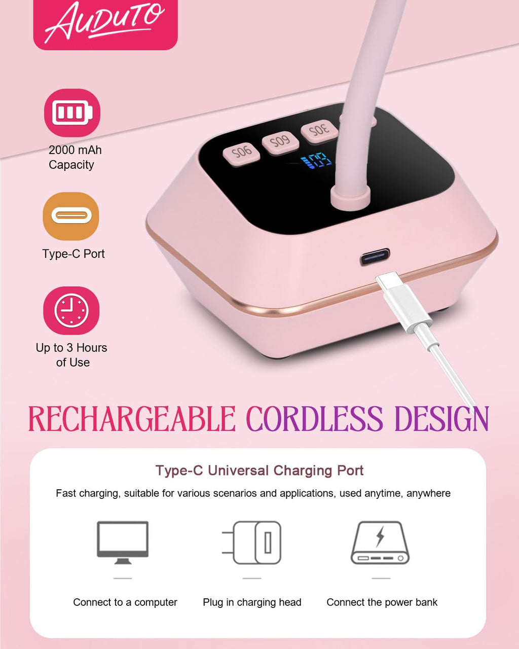 Auduto UV LED Nail Lamp 36W – Cordless Gooseneck Mini Dryer with Auto Sensor & Timers