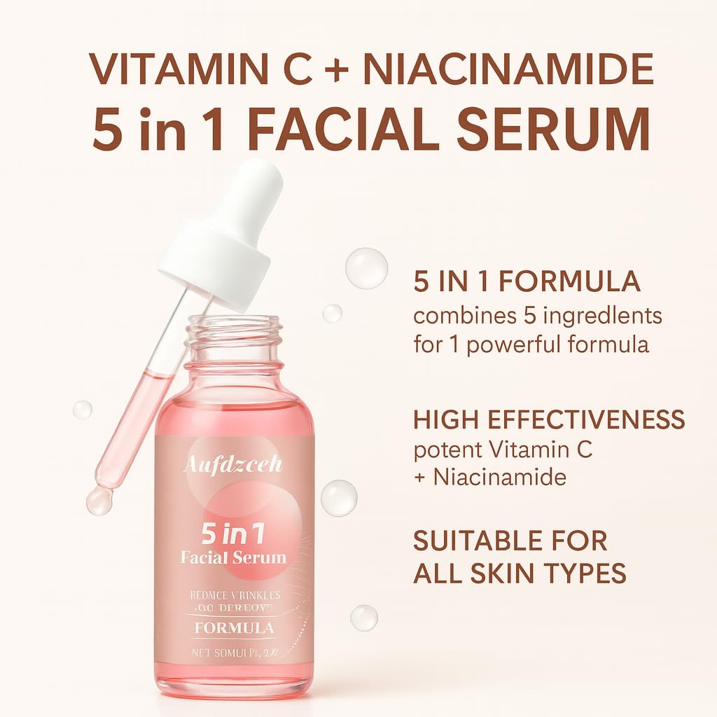 Aufdzceh 5-in-1 Vitamin C Serum | Hydrating Facial Serum with HA, Niacinamide & Collagen