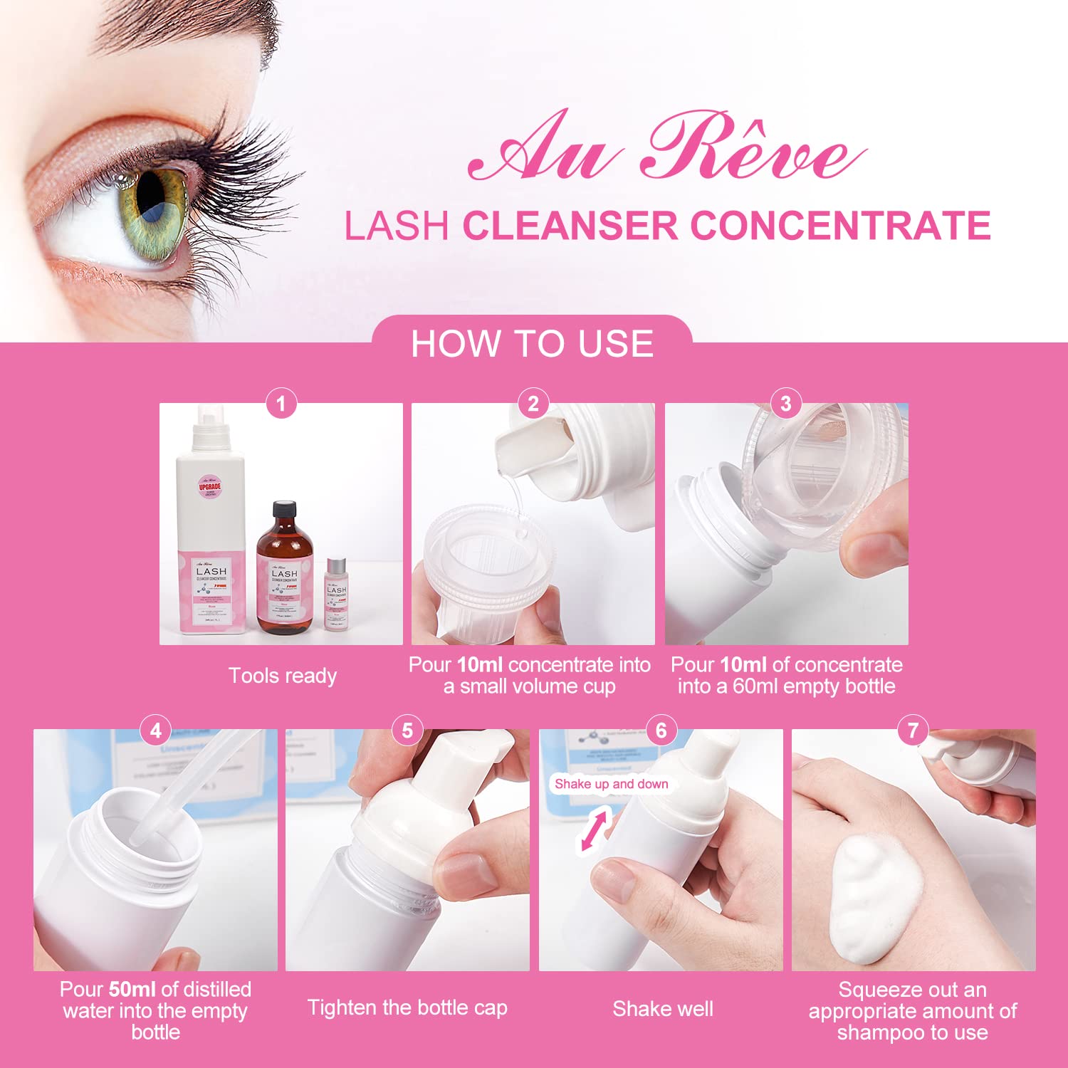 AuReve Lash Shampoo Concentrate 30ml – Dilute to 180ml with Hyaluronic Acid | Rose-Scented, Salon-Grade Lash Cleanser