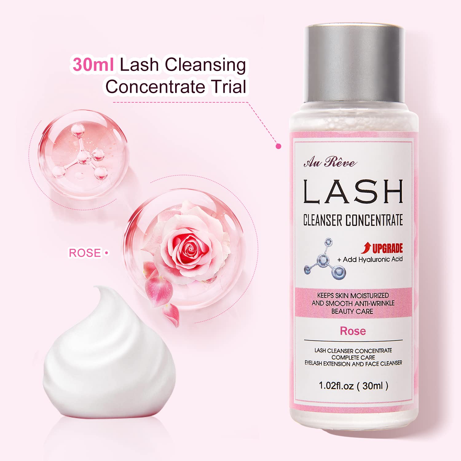 AuReve Lash Shampoo Concentrate 30ml – Dilute to 180ml with Hyaluronic Acid | Rose-Scented, Salon-Grade Lash Cleanser