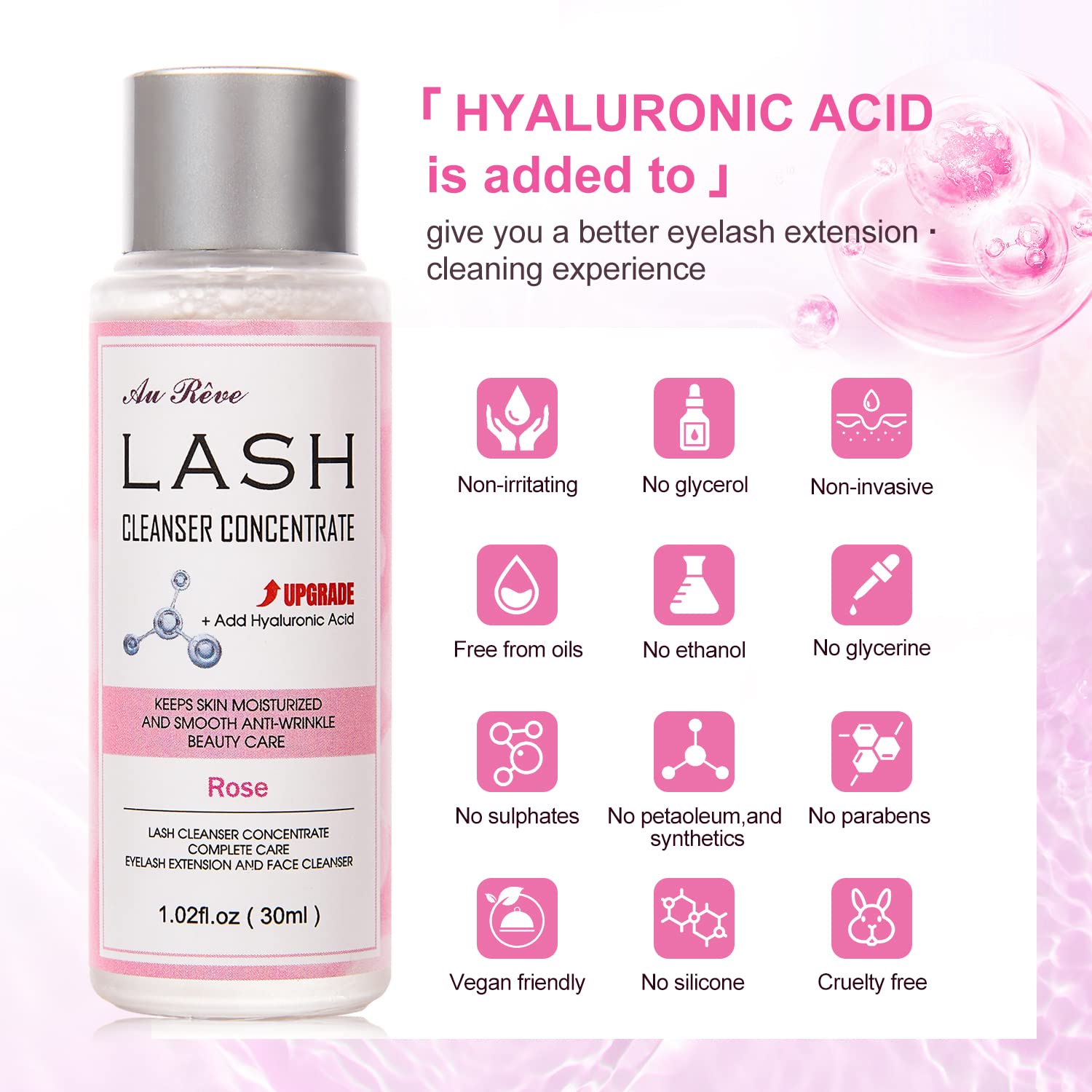 AuReve Lash Shampoo Concentrate 30ml – Dilute to 180ml with Hyaluronic Acid | Rose-Scented, Salon-Grade Lash Cleanser