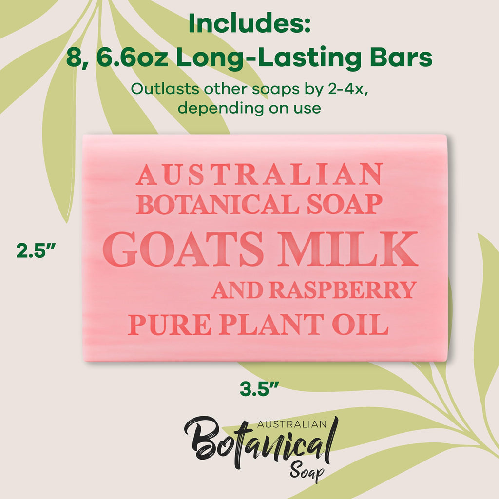 Australian Botanical Goats Milk Soap with Raspberry – 6.6 oz Triple Milled Bars Pack of 8