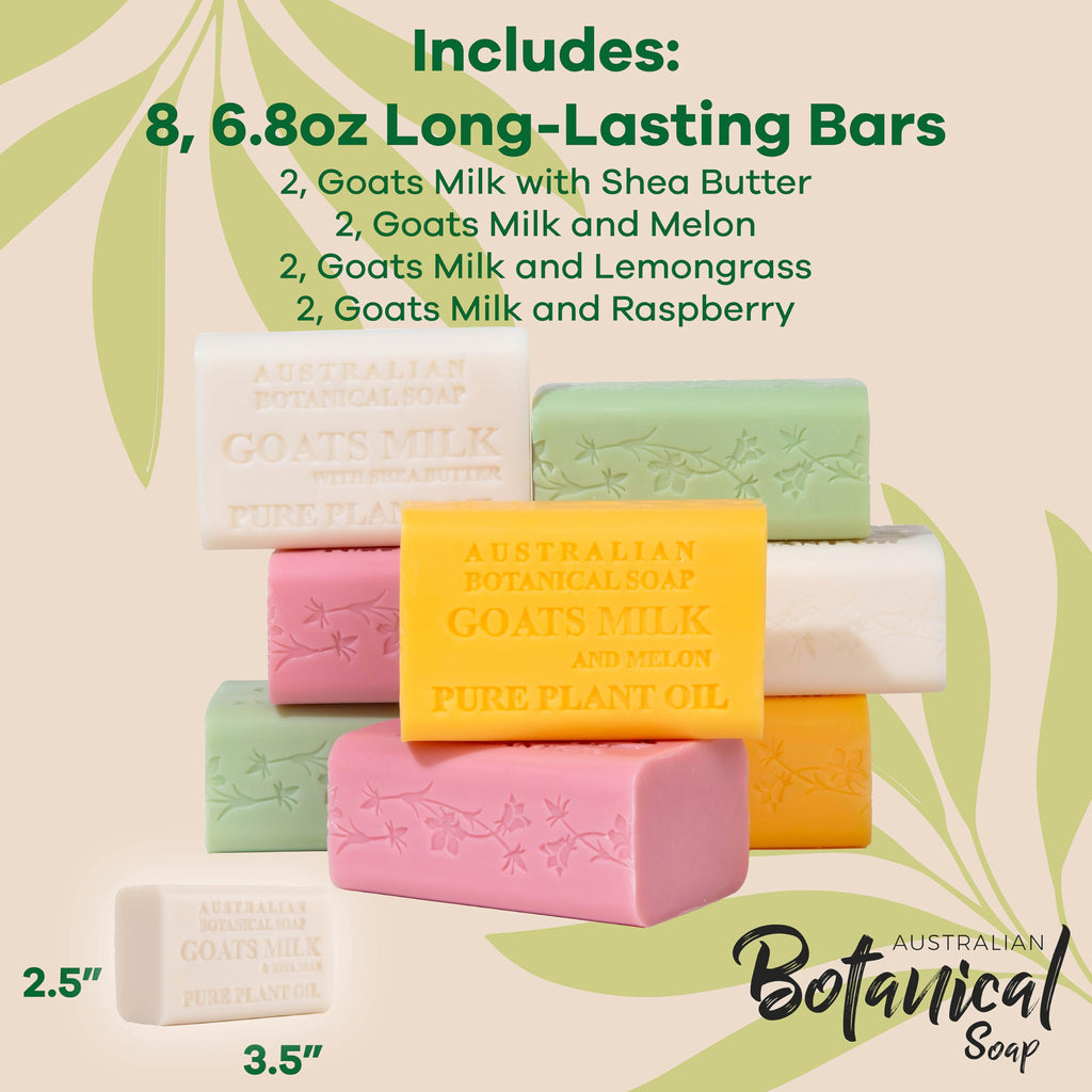 Australian Botanical Milk Soap Bars — 6.8 oz Goat’s Milk, Lemongrass, Melon, Raspberry & Shea Butter (Pack of 8)