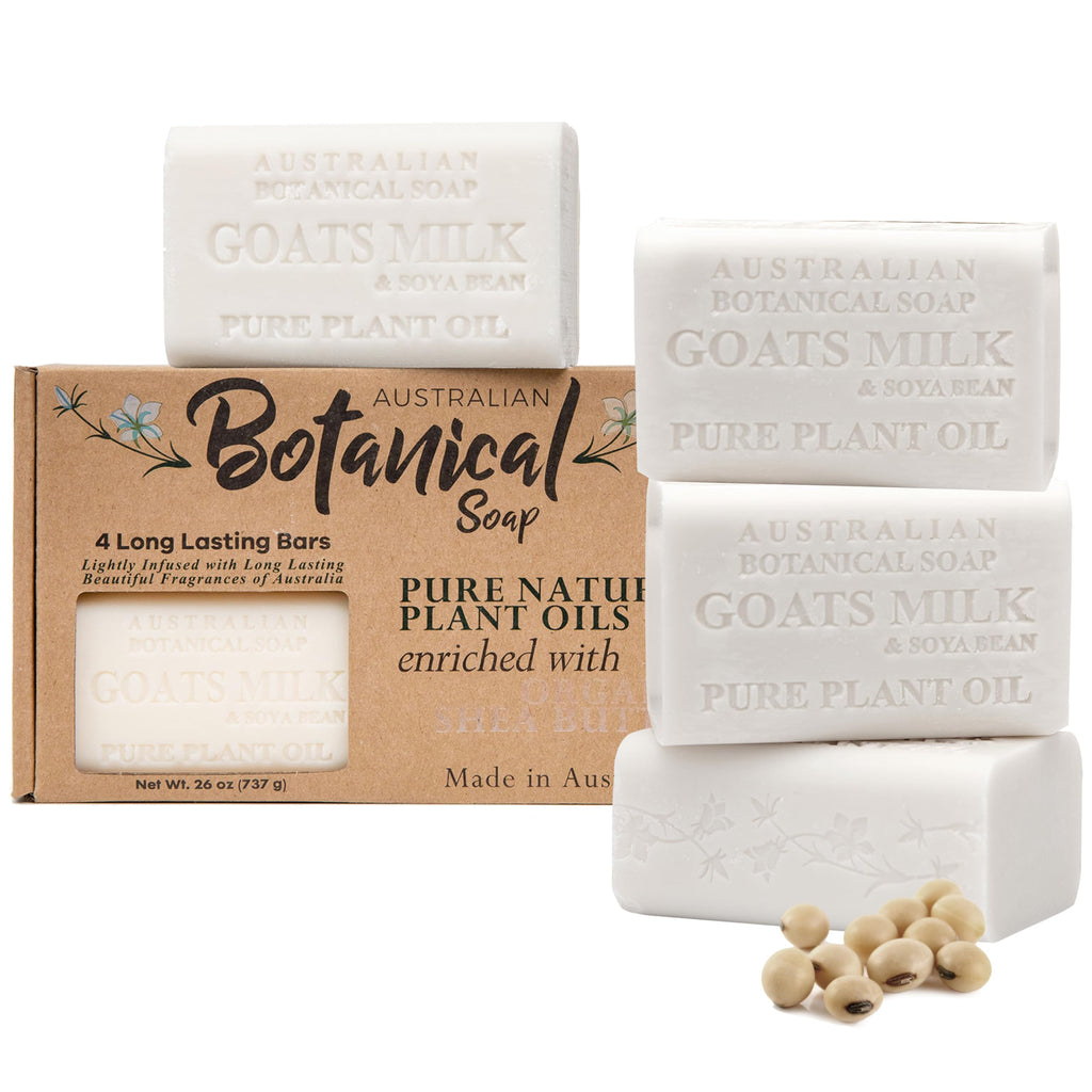 Australian Botanical Soap – Goat Milk Bars, 6.5 oz, Pack of 4 with Soya Bean Oil & Organic Shea Butter