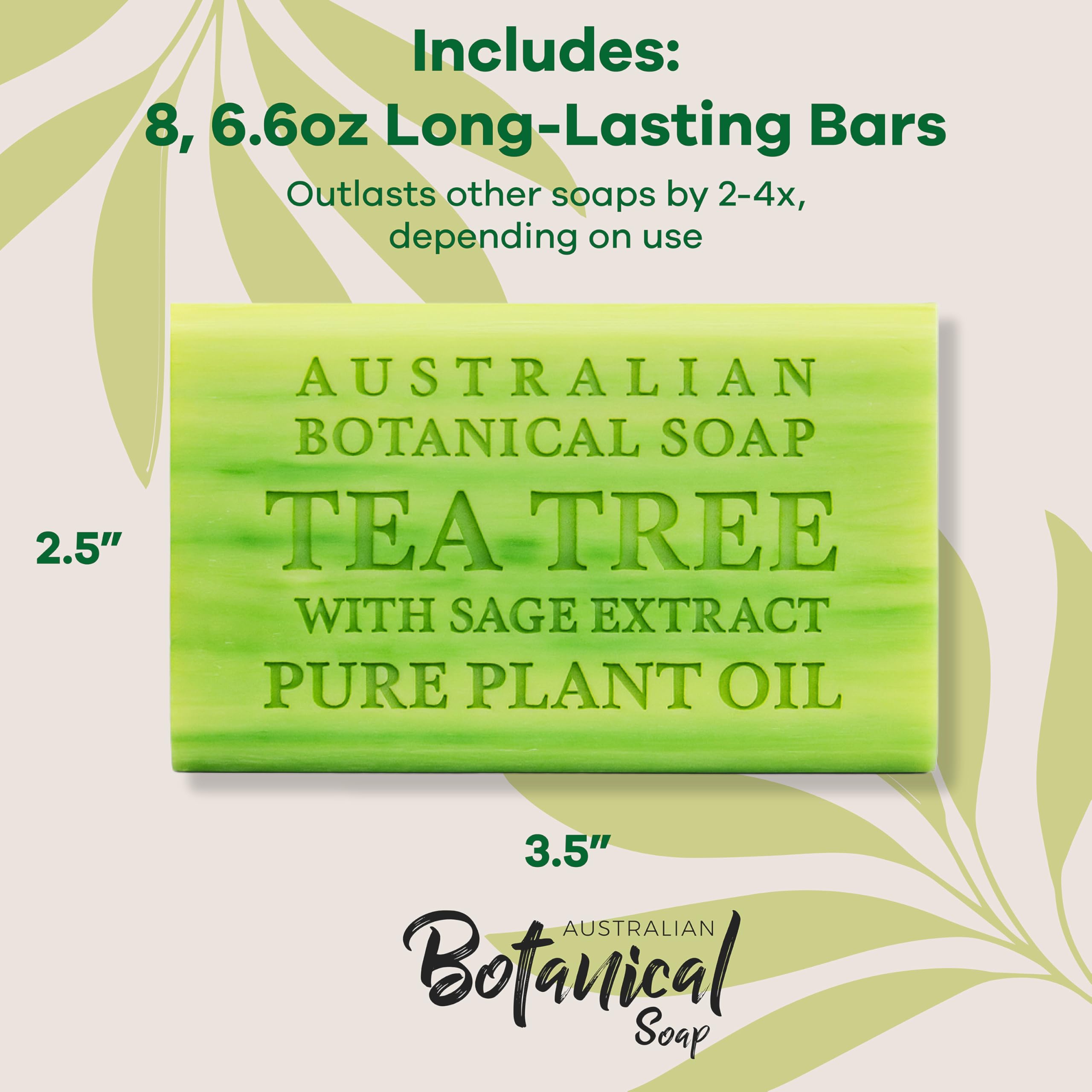 Australian Botanical Soap Tea Tree with Sage Extract – 6.6 oz Triple-Milled Bar, Pack of 8