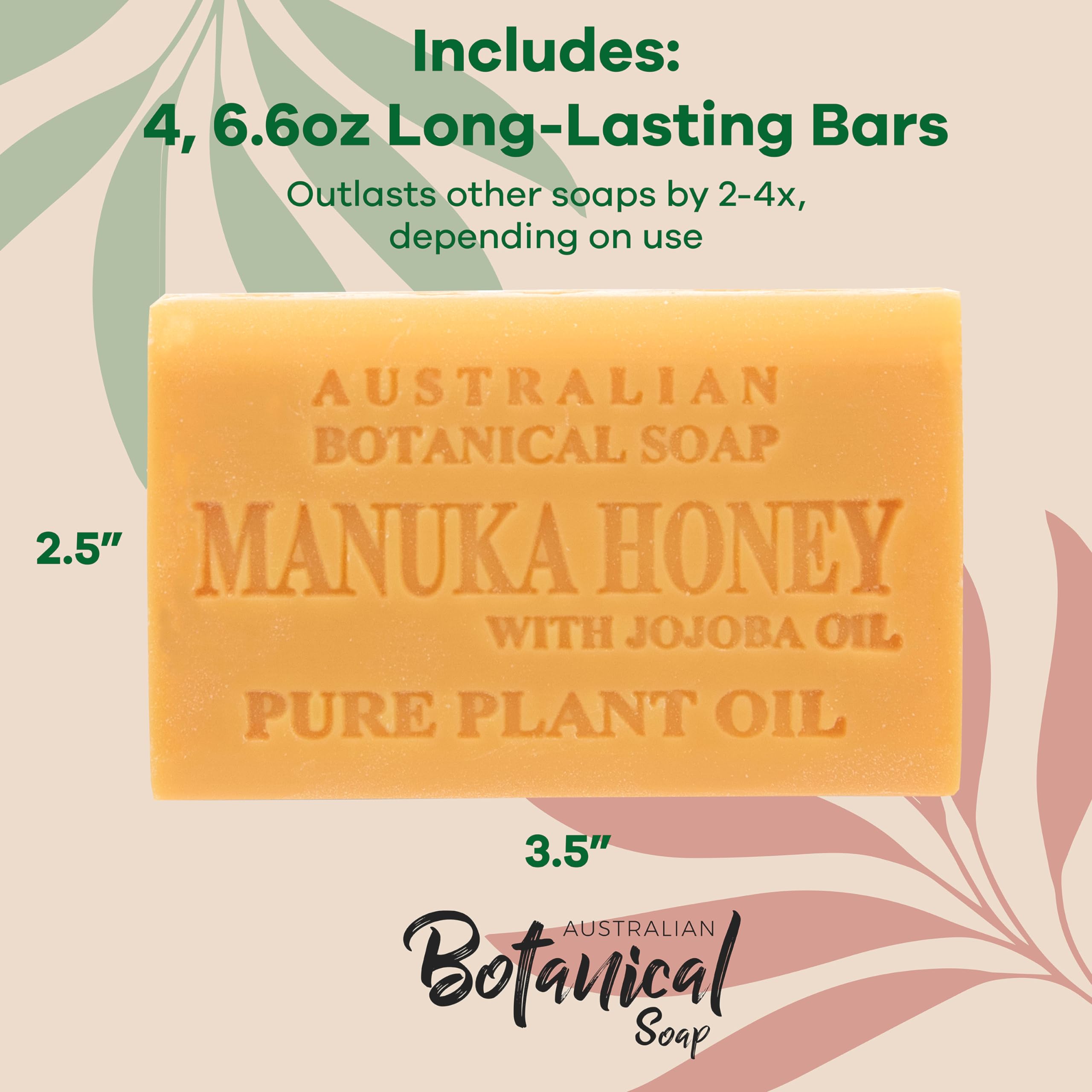 Australian Botanical Soap – Manuka Honey with Jojoba Oil, 6.6 oz Luxury Bars, Shea Butter, Pack of 4