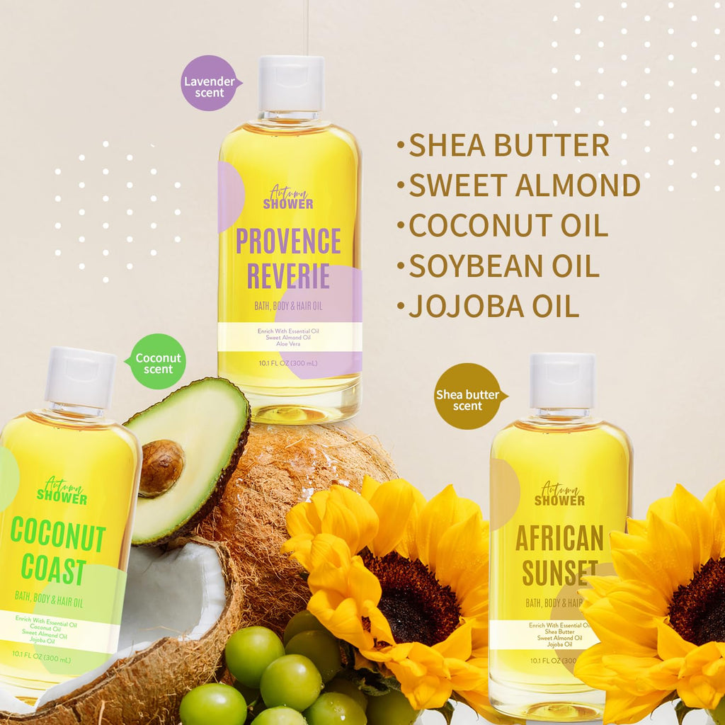 Autumn Shower Bath Oil Set – Sweet Almond, Lavender & Coconut, Multiuse Oil for Hair & Dry Skin (3 x 30 oz)