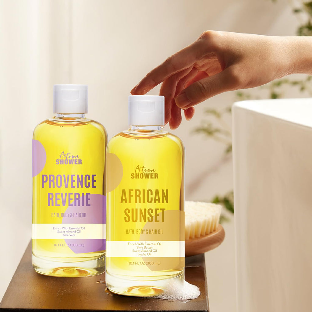 Autumn Shower Bath Oil Set – Sweet Almond, Lavender & Coconut, Multiuse Oil for Hair & Dry Skin (3 x 30 oz)