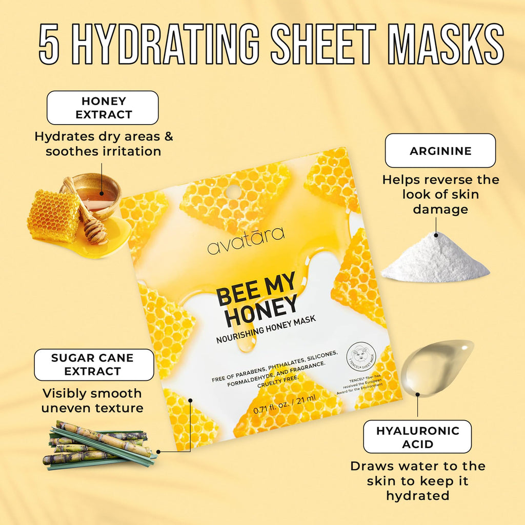 Avatara Bee My Honey Facial Mask – Hydrating Sheet Masks (5 Pack)