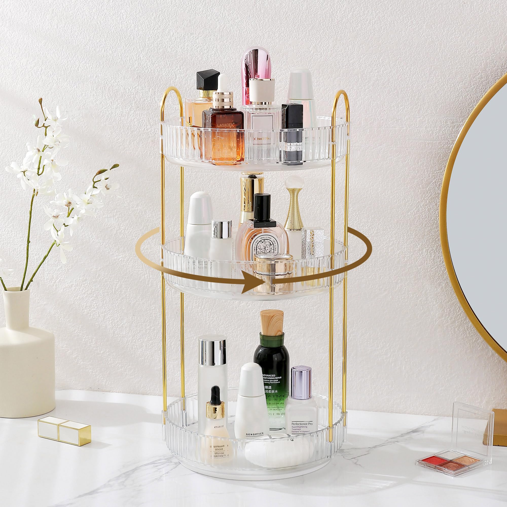Aveniee Rotating Makeup Organizer – 3-Tier Vanity Storage for Cosmetics, Skincare & Perfume