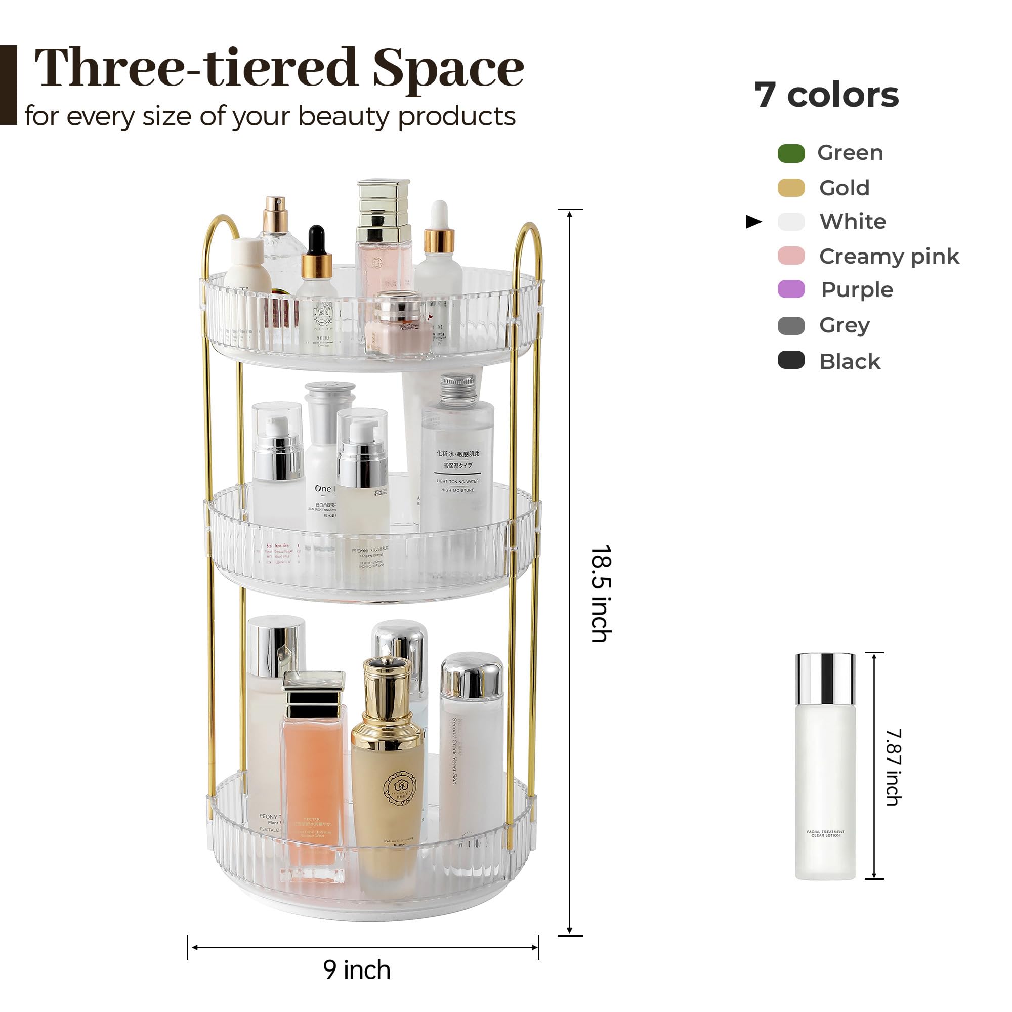 Aveniee Rotating Makeup Organizer – 3-Tier Vanity Storage for Cosmetics, Skincare & Perfume