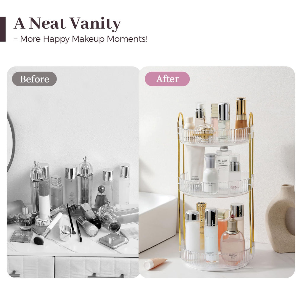 Aveniee Rotating Makeup Organizer – 3-Tier Vanity Storage for Cosmetics, Skincare & Perfume