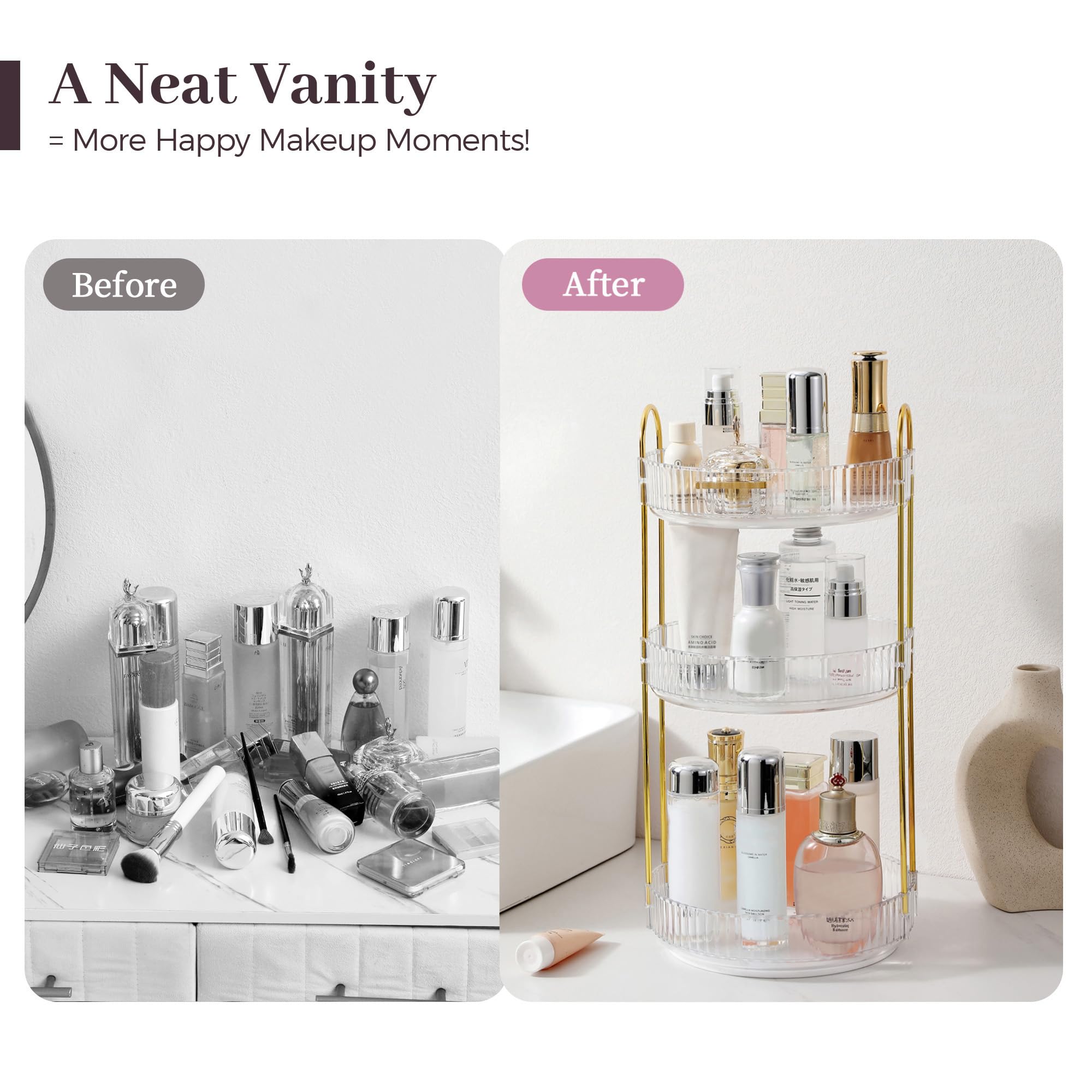 Aveniee Rotating Makeup Organizer – 3-Tier Vanity Storage for Cosmetics, Skincare & Perfume