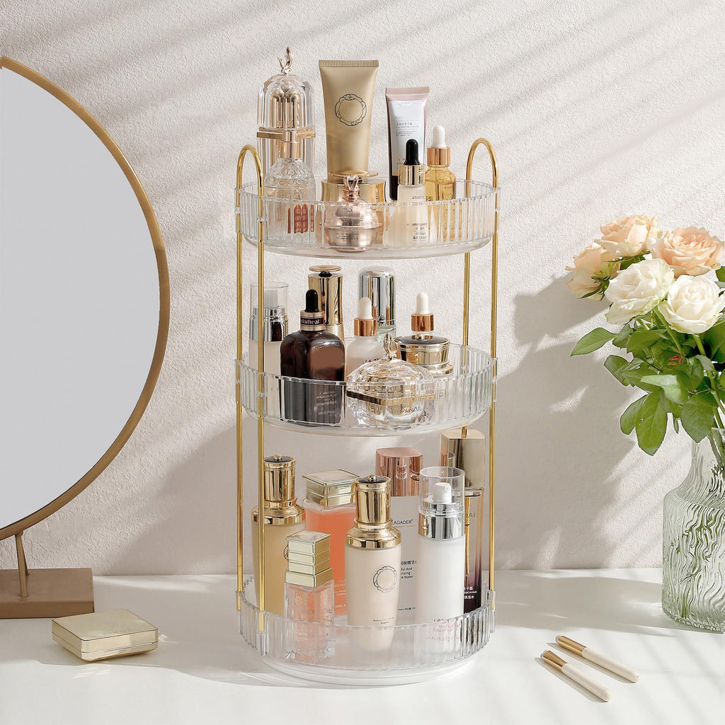 Aveniee Rotating Makeup Organizer – 3-Tier Vanity Storage for Cosmetics, Skincare & Perfume