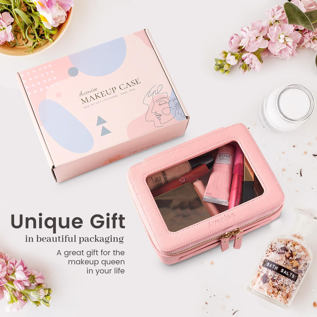 Aveniee Clear Makeup Bag Organizer - Large Pink Travel Toiletry Case, Waterproof PU Leather