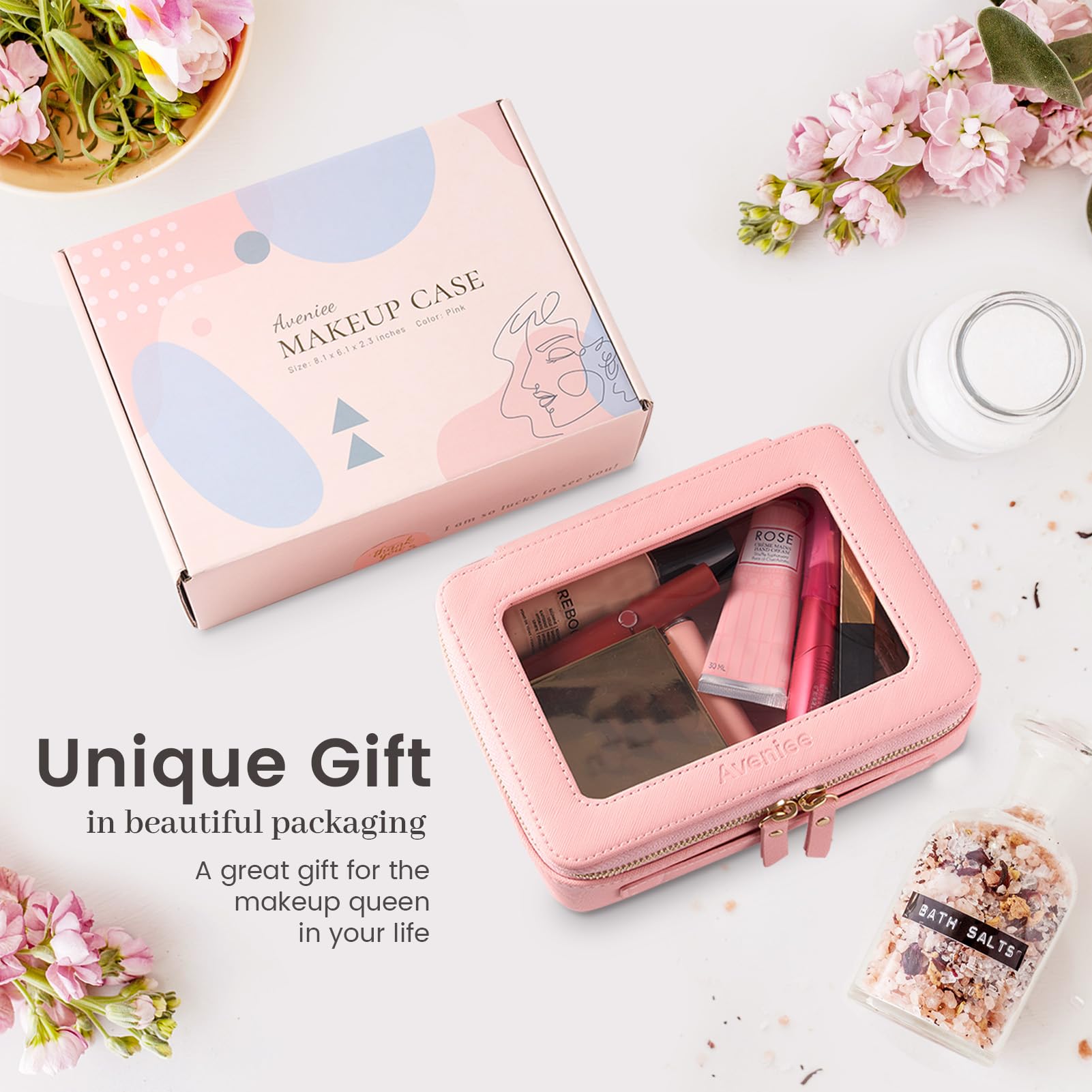 Aveniee Clear Makeup Bag Organizer - Large Pink Travel Toiletry Case, Waterproof PU Leather