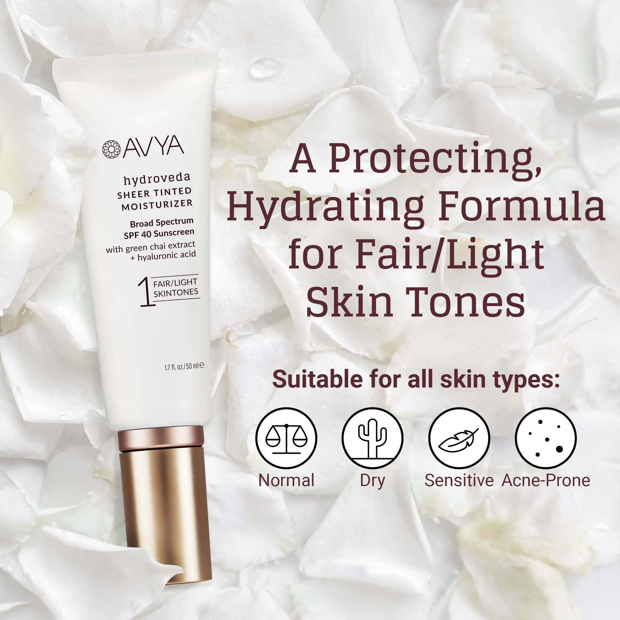 AVYA SPF 40 Sheer Tinted Moisturizer – Hyaluronic Acid & Green Chai, Shade #1 (Light & Fair)