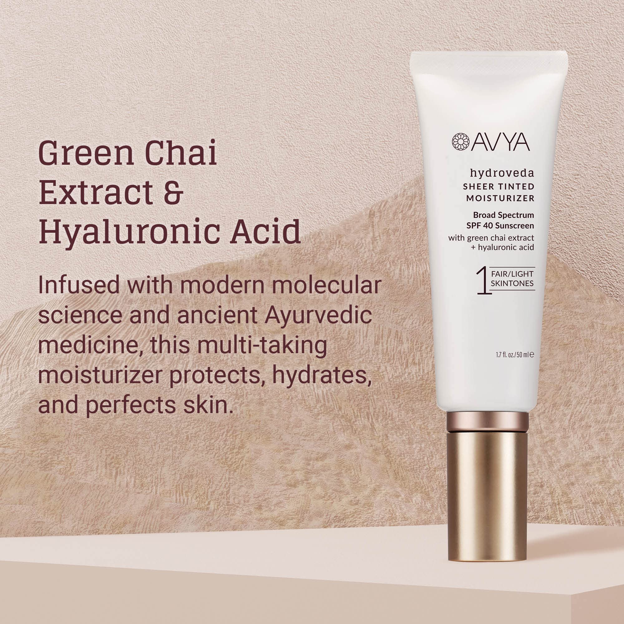 AVYA SPF 40 Sheer Tinted Moisturizer – Hyaluronic Acid & Green Chai, Shade #1 (Light & Fair)