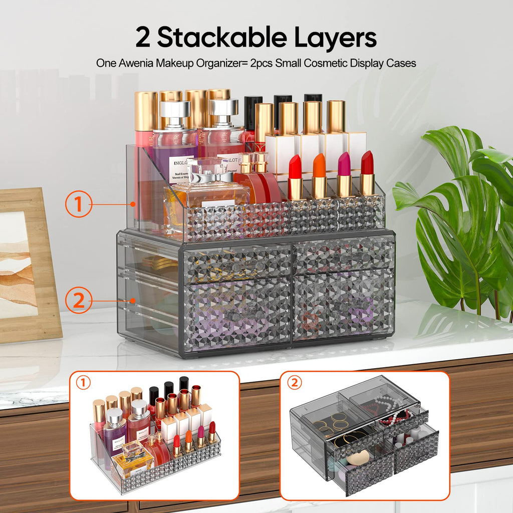 Awenia 2 Pack Stackable Makeup Organizer with Drawers – Acrylic Cosmetic Storage for Vanity, Brushes & Accessories