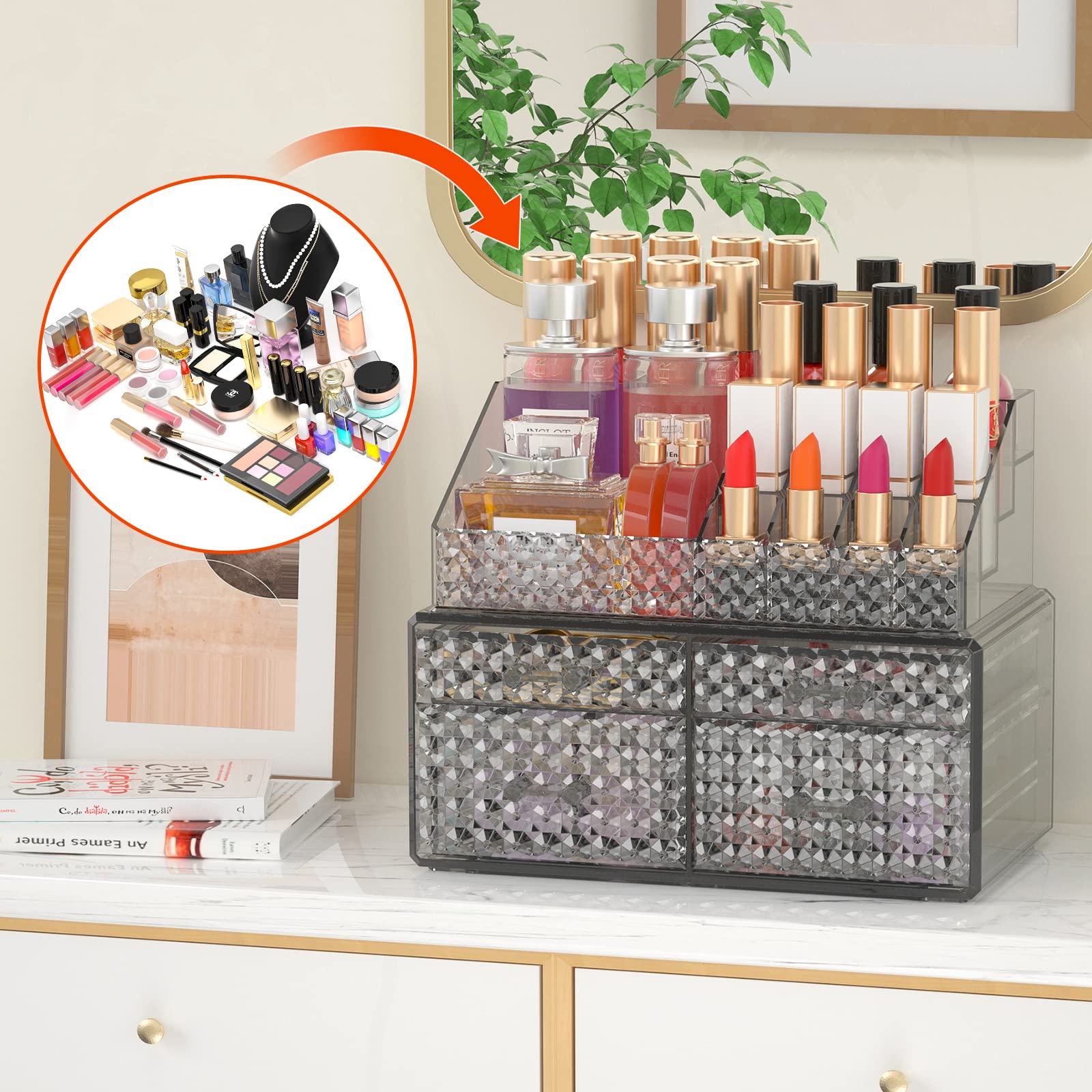 Awenia 2 Pack Stackable Makeup Organizer with Drawers – Acrylic Cosmetic Storage for Vanity, Brushes & Accessories