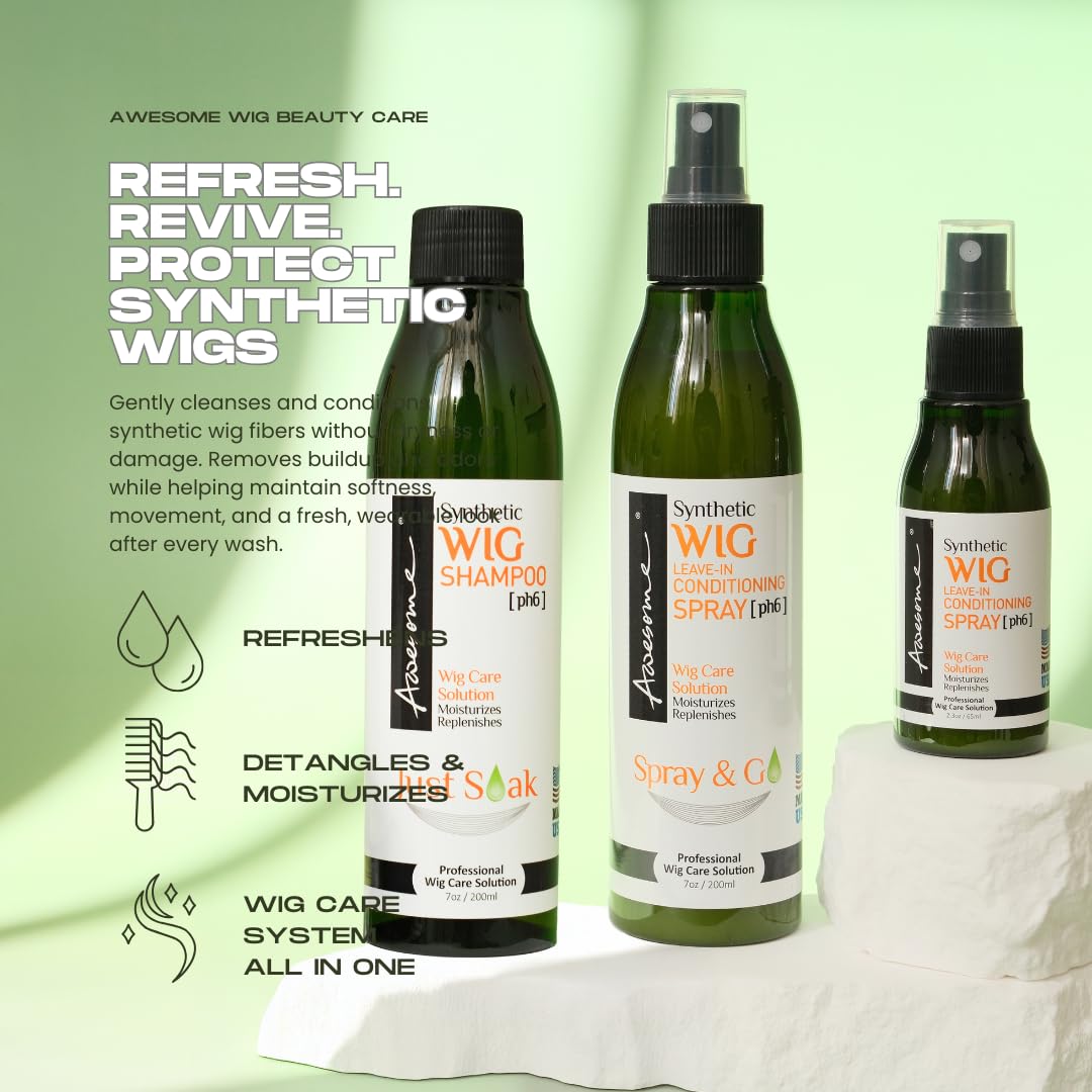 Awesome Synthetic Wig Shampoo & Leave-In Conditioner Spray – pH 6, 2-Pack (7 fl oz each) with Coconut Oil