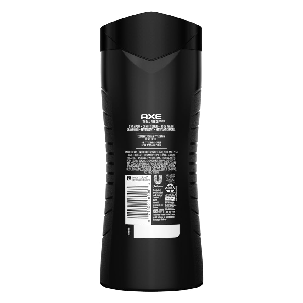 Axé Hair 3 in 1 Total Fresh Shampoo, Conditioner & Body Wash — Pack of 3 Bottles (16 oz each)