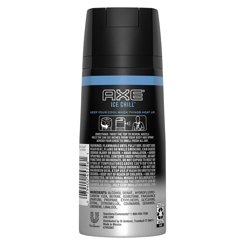 AXE Ice Chill Deodorant Body Spray – Lemon & Eucalyptus, Pack of 2 x 4 oz Cans