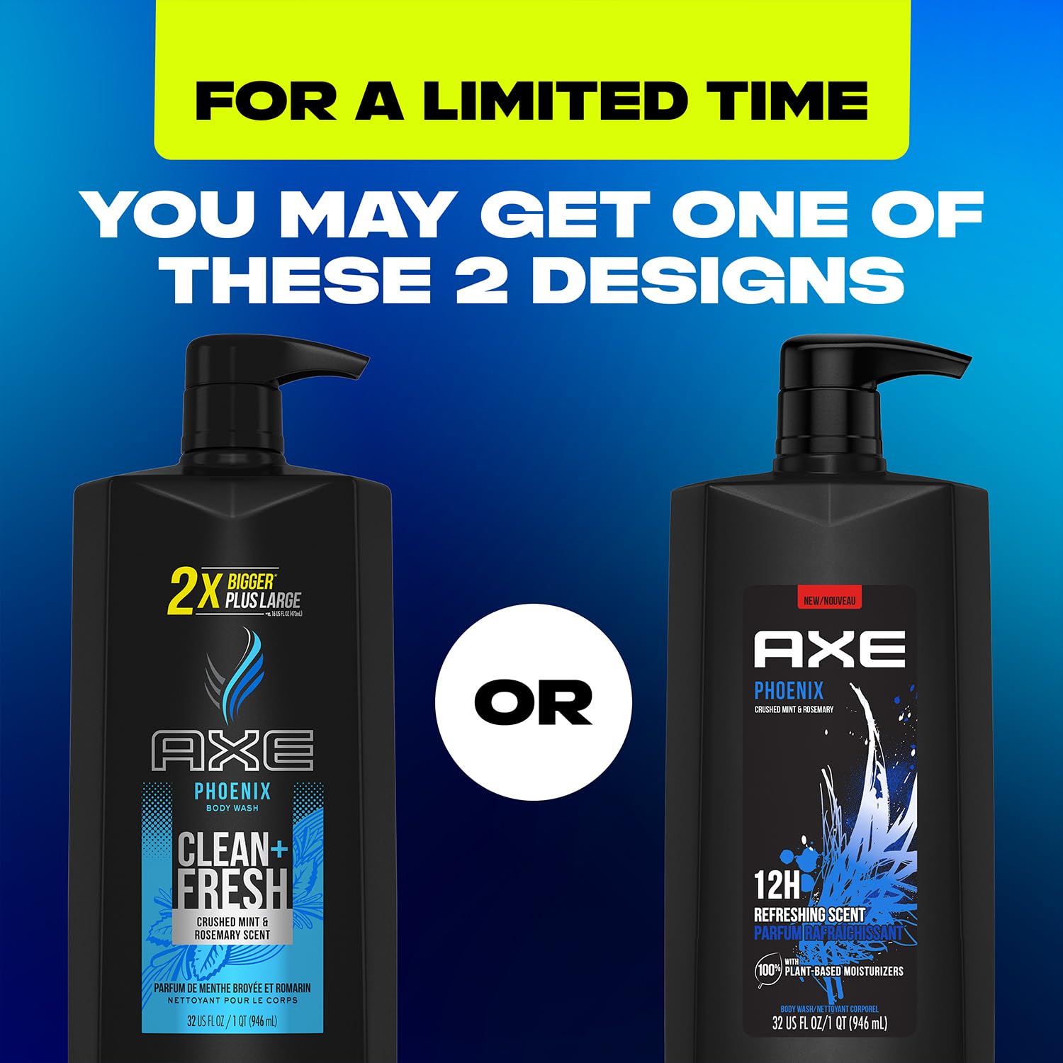 AXE Phoenix Body Wash & Shower Gel – 3-Pack, 12H Crushed Mint & Rosemary, 32 oz each