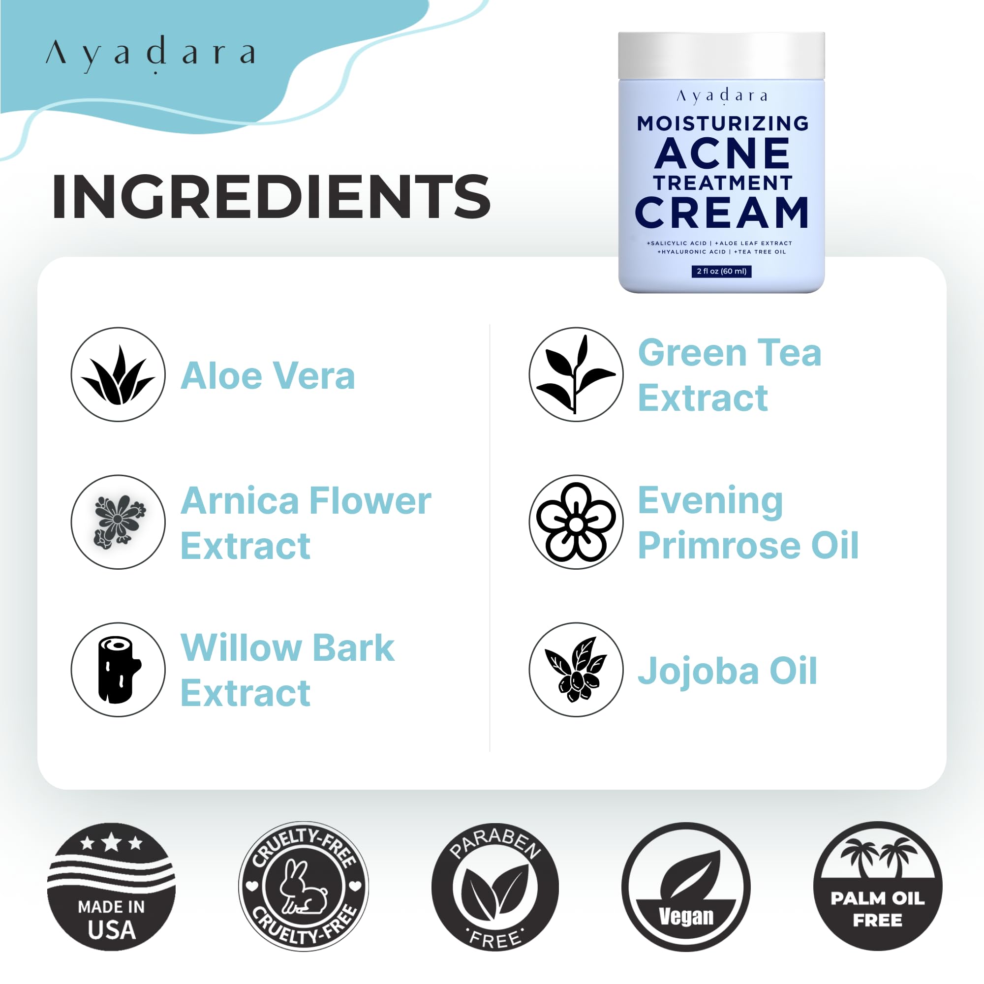 AYADARA Moisturizing Acne Cream – Salicylic Acid Face Moisturizer for Oily & Acne-Prone Skin