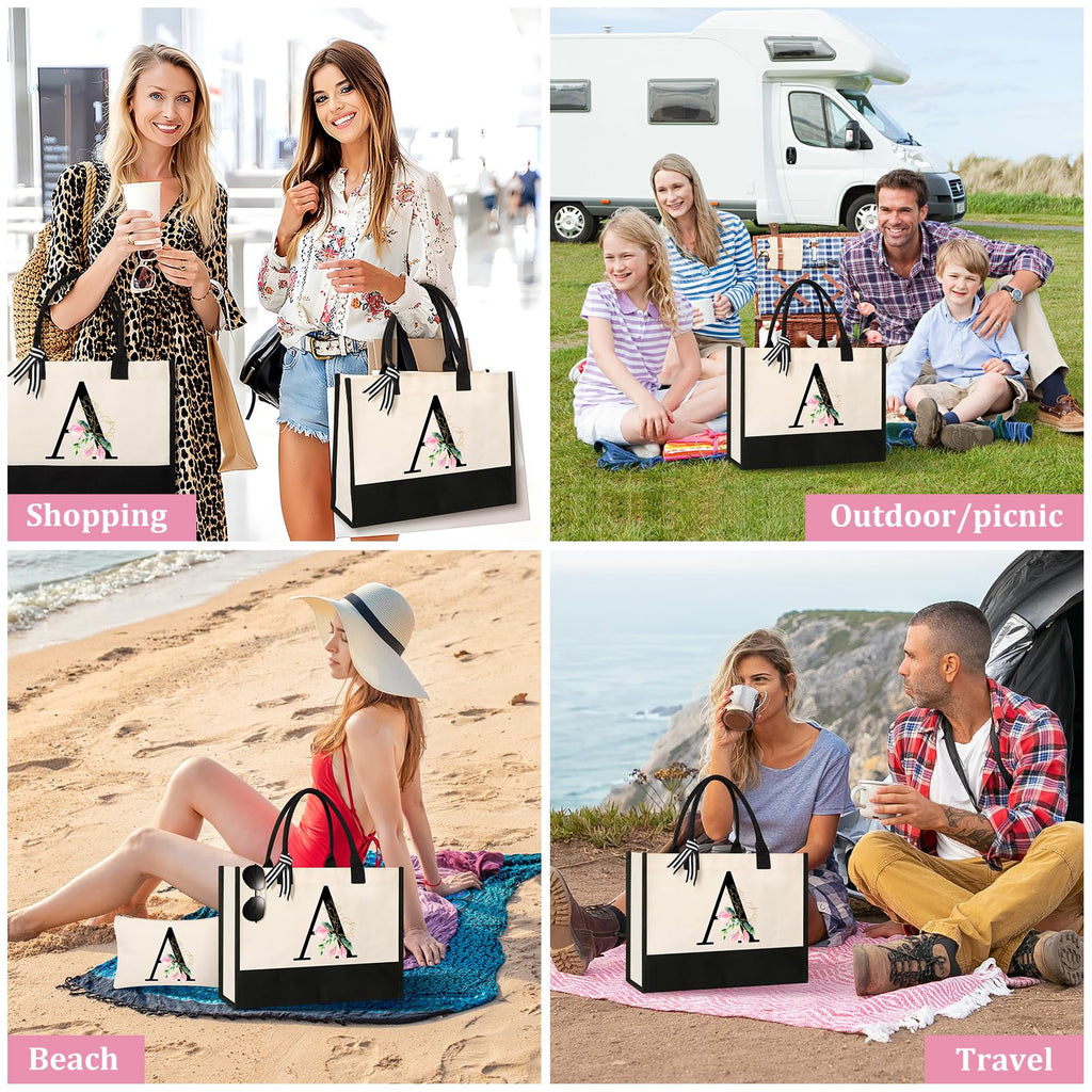 AYGE Personalized Initial Canvas Beach Tote – Monogrammed Gift Set for Women
