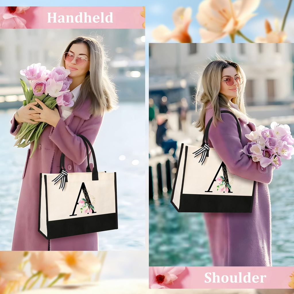 AYGE Personalized Initial Canvas Beach Tote – Monogrammed Gift Set for Women