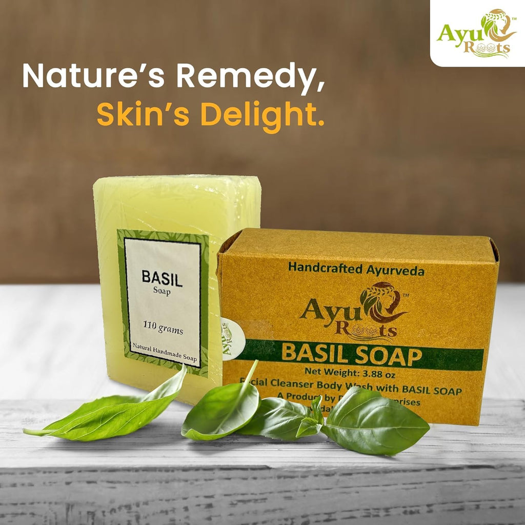AyuRoots Ayurvedic Basil Soap Bar – Handmade with Authentic Indian Craftsmanship, 3.88 oz – Vegan for Face & Body