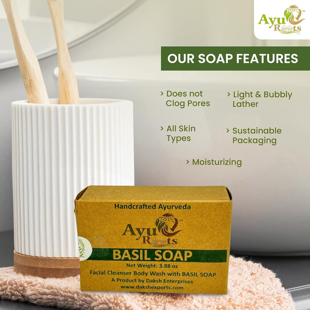 AyuRoots Ayurvedic Basil Soap Bar – Handmade with Authentic Indian Craftsmanship, 3.88 oz – Vegan for Face & Body