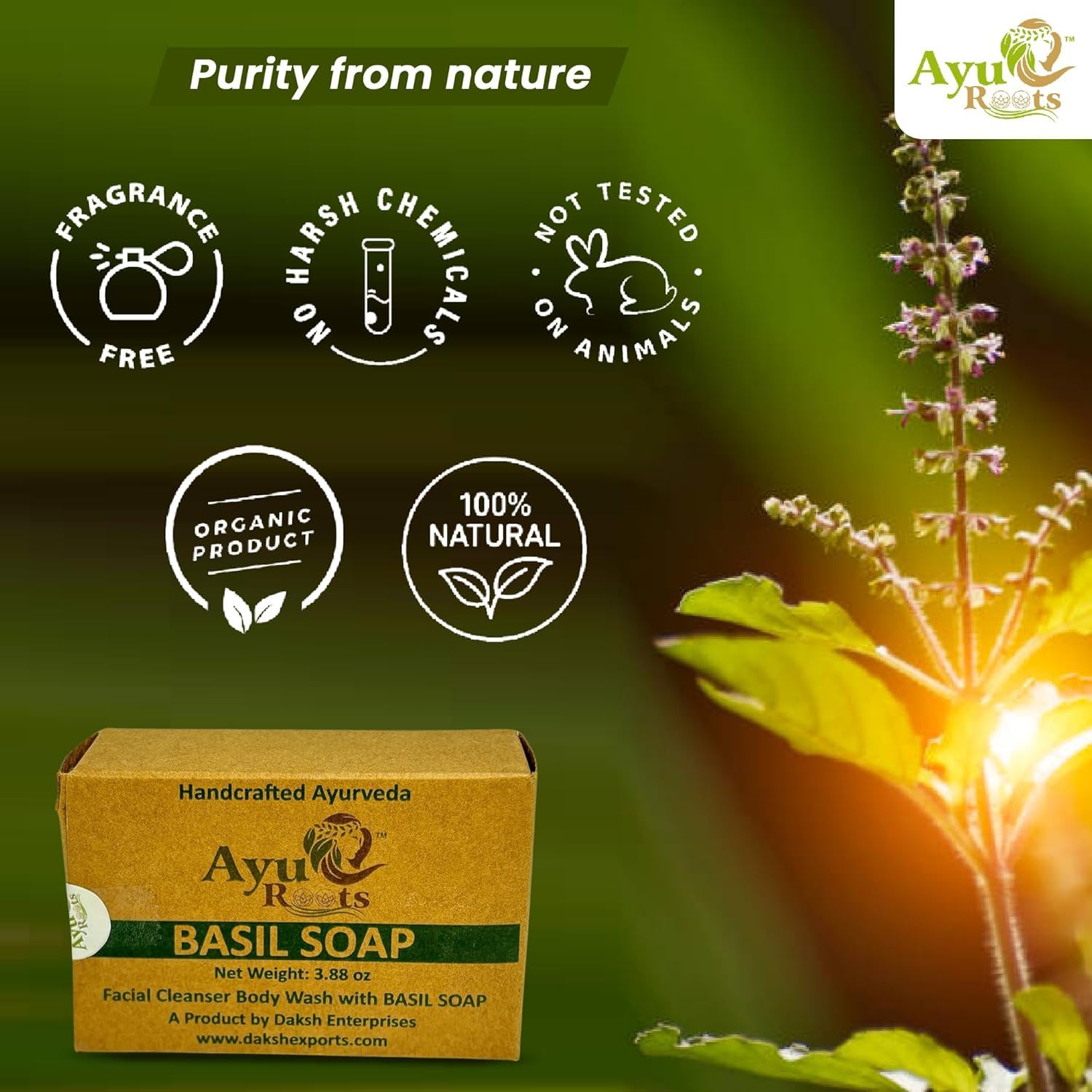 AyuRoots Ayurvedic Basil Soap Bar – Handmade with Authentic Indian Craftsmanship, 3.88 oz – Vegan for Face & Body